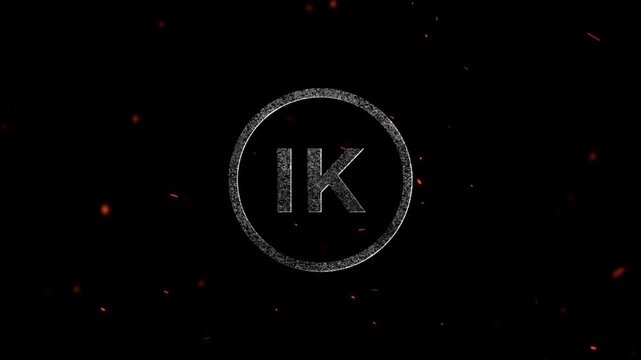 Glowing particle letter IK inside a circular frame with floating embers