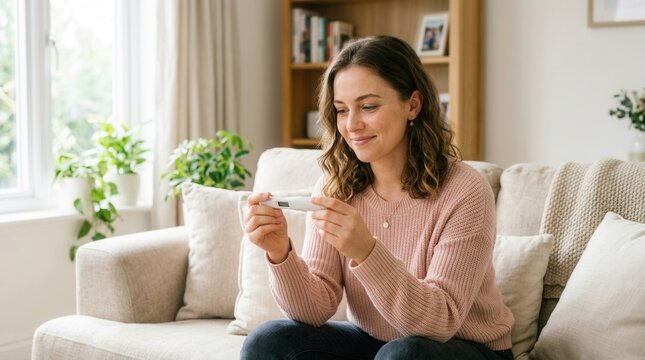 Young Woman Smiling Holding a Pregnancy Test Kit at Home, Anticipation and Hope