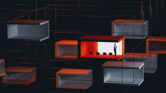 Businessman and Empty Chairs in Floating Corporate Office