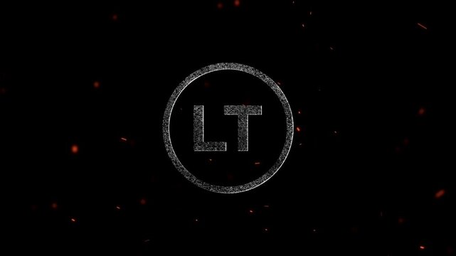 Glowing particle letter symbol LT surrounded by a circular frame with floating embers