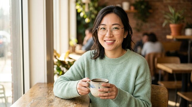 Smiling Asian Woman Enjoying Coffee in Cozy Cafe