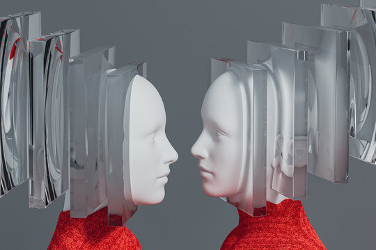 Two Human Minds Facing Through Reflective Glass Layers