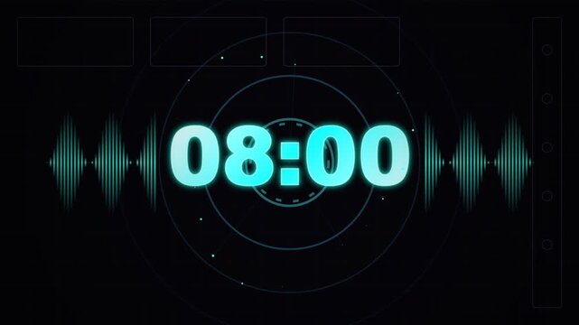 Futuristic Digital Countdown Timer HUD Interface for Social Media Live Stream Video with Glowing Blue Eight O Clock Display