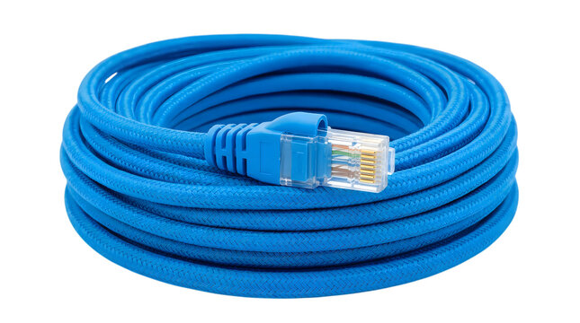 Coiled blue ethernet network cable with rj45 connector isolated on black background