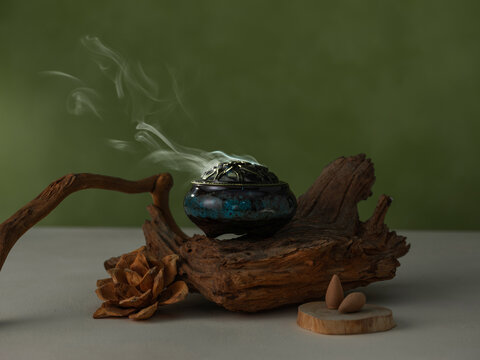 Incense Burner with Smoke and Wood