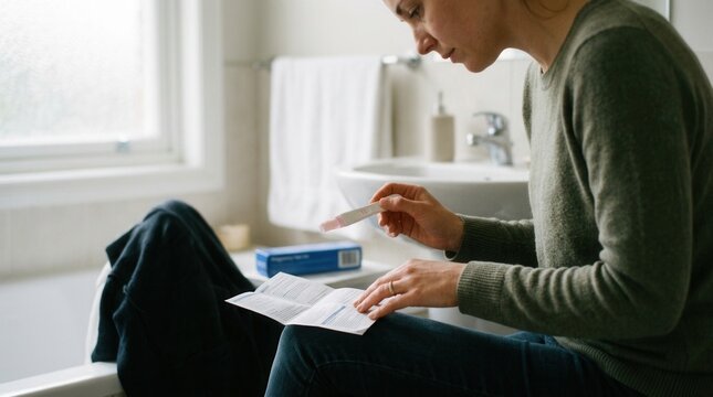 Woman Sitting in Bathroom Reading Instructions for Pregnancy Test, Holding Test Stick