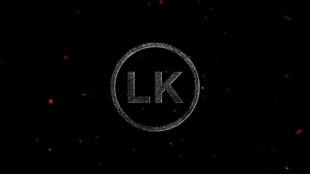 Letters L and K inside a glowing circular frame with floating embers