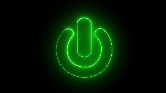 Neon Power button icon animation glowing green color shutdown switch screen turn on off button computer mobile phone startup stop sign closed icon on black background