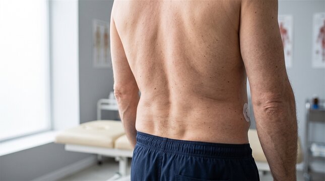 Man's bare back in a doctor's office with medical patch