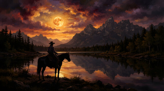 Person riding horse at sunset over calm lake