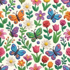 Obraz premium Colorful Clay Plasticine Style Seamless Flower and Butterfly Pattern