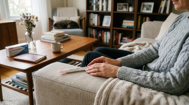 Woman waiting anxiously for pregnancy test results at home, sitting on a couch with a pregnancy test and ovulation kit on a coffee table.