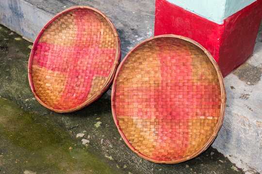 bamboo baskets drying after washing as part of Chhath Puja preparations, a major Hindu festival celebrated especially in Bihar, Jharkhand and eastern Uttar Pradesh