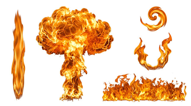 Collection of various fire including explosions and flames on black background blaze