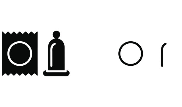Flat black vector icon set showing condom packaging and protection symbols for safe sex concepts