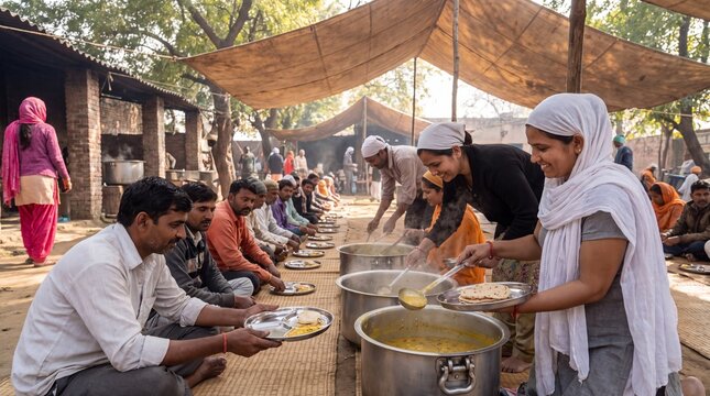 Langar volunteers serving food to people sitting in rows, community meal