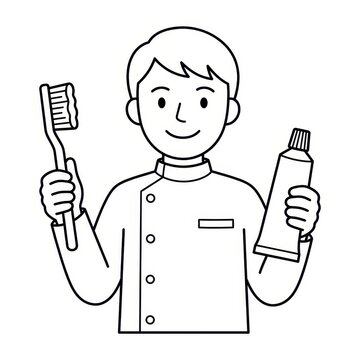 Dentist holding toothbrush and toothpaste line art vector