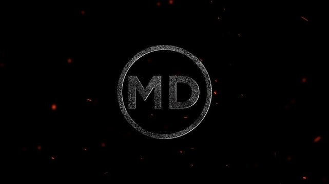 The letters md enclosed in a circular frame with particle embers
