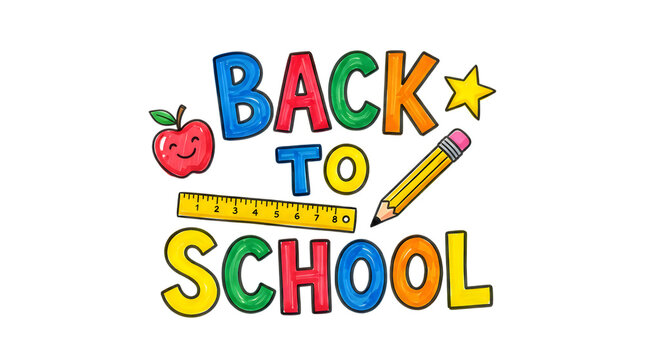 Colorful back to school text with an apple, a pencil, and a ruler on black education