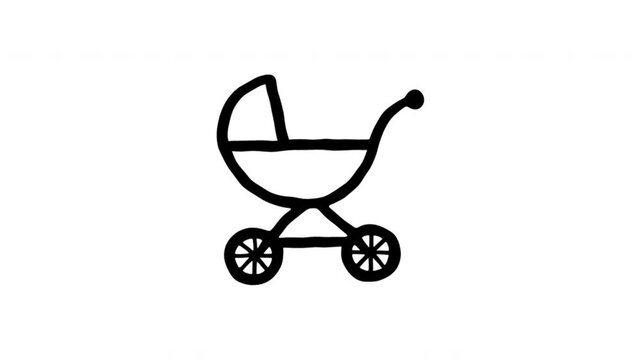 Baby Stroller For Infant Transport And Parenting Doodle Animation. Pram And Childcare Equipment For Family Content. 4K Video Loopable Overlay Element. Hand-Drawn Animated Icon With Alpha Channel.