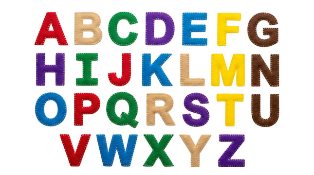 Colorful felt alphabet letters arranged in rows on a solid deep black studio background