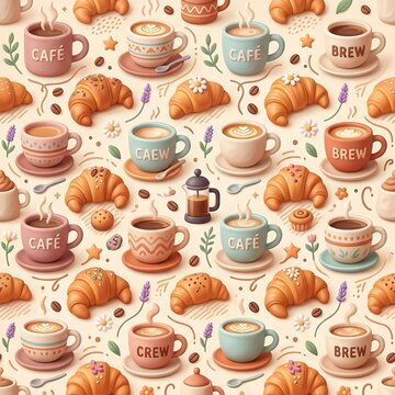 Seamless Coffee Cups and Croissants Breakfast Theme Pattern