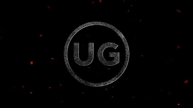 Abstract artistic ug logo design, letters UG inside a textured circular frame with glowing particles