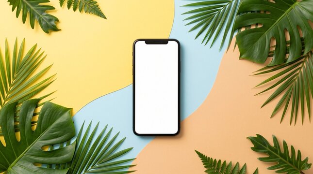 Modern smartphone with empty screen surrounded by green tropical leaves on colorful background