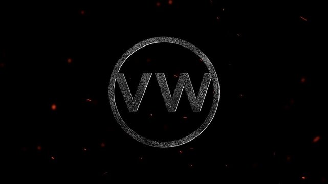 Abstract circular logo design with letters VW surrounded by small floating embers and particles