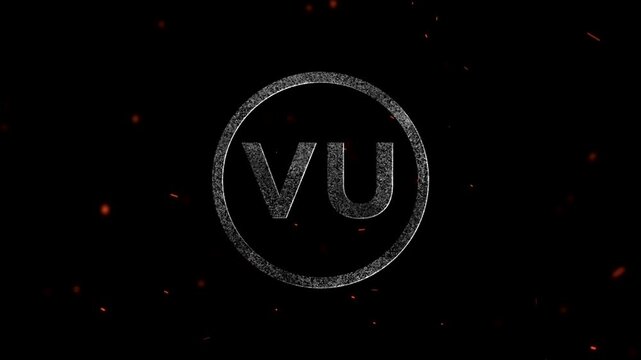 Abstract circular logo design with the letters VU surrounded by glowing floating embers and particles