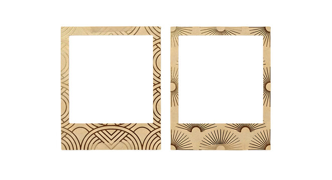 Two retro kraft paper photo frames with art deco patterns isolated on transparent background