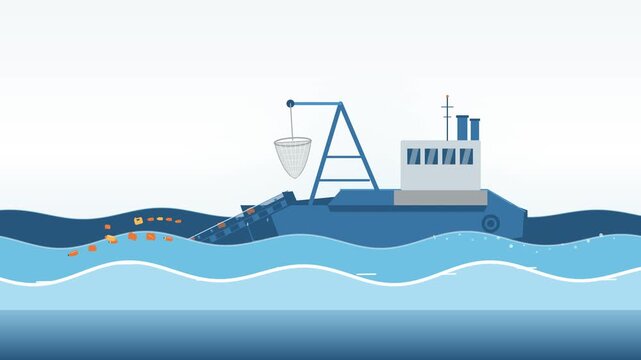 High quality 4K 2D vector animation loop of an eco-friendly marine cleanup vessel removing plastic bottles and garbage from ocean waves with conveyor belt system. Perfect for environmental, sustainabi