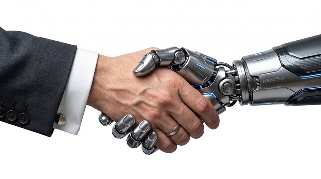 A professional human businessman and a futuristic robot hand shaking hands in a business deal