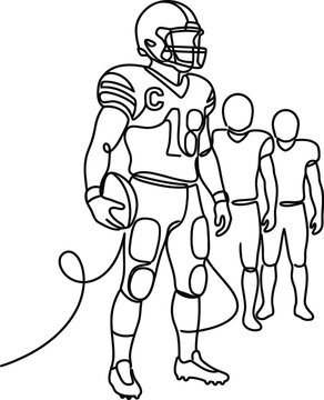Continuous one line drawing of a football quarterback with team.
