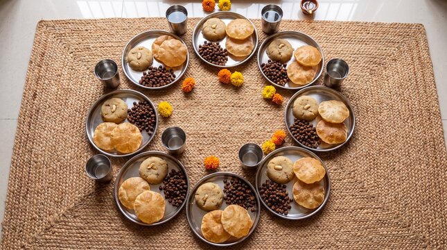 Kanya puja setting with small plates of halwa, puri and chana arranged on a floor mat, top view