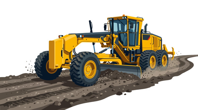 Yellow Heavy Duty Motor Grader Earthmoving Machine Working on Dirt Road Construction Site Illustration