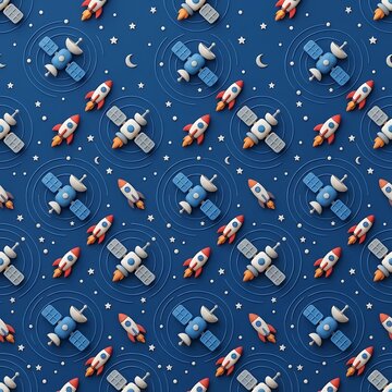3D Cartoon Space Seamless Pattern with Rockets and Satellites