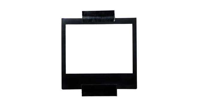 Black instant photo frame taped on wall isolated on transparent background