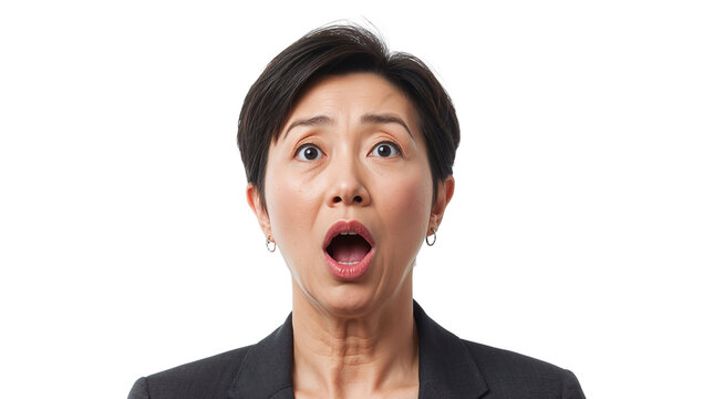 Shocked Mature Asian Businesswoman with Open Mouth Expression Isolated on Transparent Background