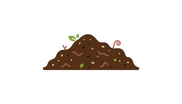Organic compost pile icon featuring fertile dark soil, green leaves, and little earthworms over a white background.