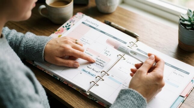 Woman's hand holding pregnancy test near calendar with ovulation tracker and marked dates, planning conception or fertility journey.