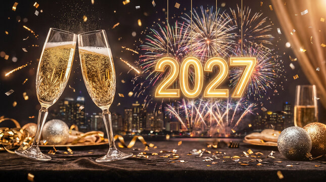 Dos copas de champ&aacute;n brindando por el A&ntilde;o Nuevo 2027, con fuegos artificiales, estrellas brillantes y destellos dorados en una atm&oacute;sfera festiva y elegante.