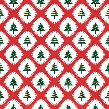 Christmas seamless pattern green pine trees in rhombus frames on red background.