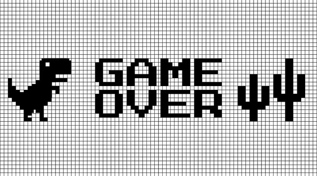Game over text with pixelated arrow icon