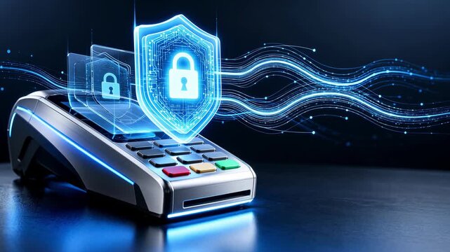 Secure payment terminal with digital lock shield, cybersecurity network, glowing blue neon light, flowing data, futuristic electronic security
