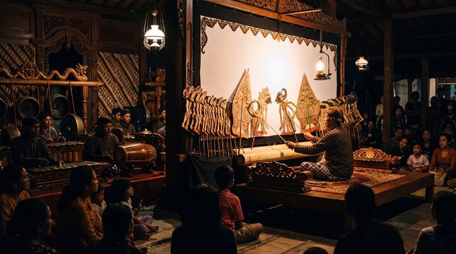 Wayang Kulit shadow puppet performance with traditional Javanese