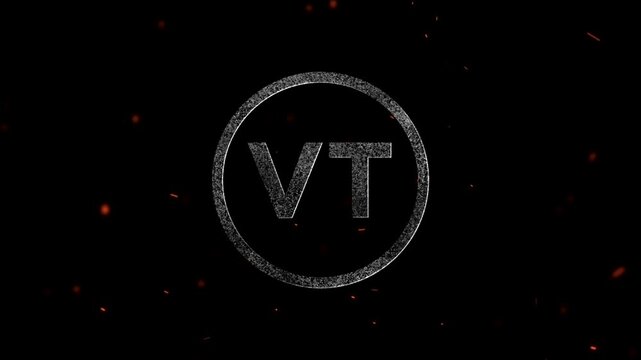 Glowing neon letters VT inside a circular frame with floating embers