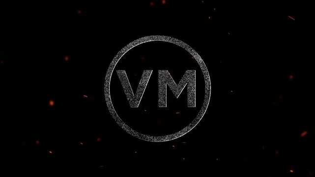Glowing particle circular frame containing letters VM with flying sparks