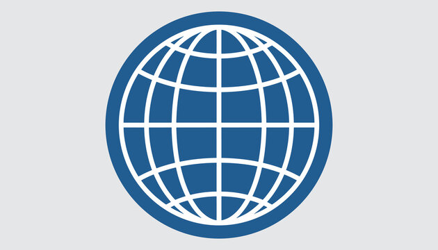 Minimalist blue globe icon representing world geography, global communications, international travel, or earth science.
