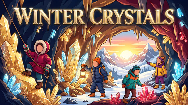 A colorful vector illustration of kids exploring a glowing crystal cave during a winter adventure trip.